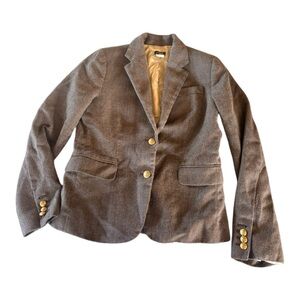 J Crew Women's Brown Wool Tailored Lined Silk Blazer Jacket w Brass Buttons